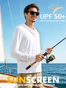 HIBATH Men's Long Sleeve Cooling UV Protection Sun Hoodie Jacket, Lightweight Full-Zip Outdoor Cover-Up With Extended Arm Coverage, Quick-Dry Breathable Moisture-Wicking Performance Top For Fishing, Hiking, Golf, Beach And Summer Travel(White) - White - View 3