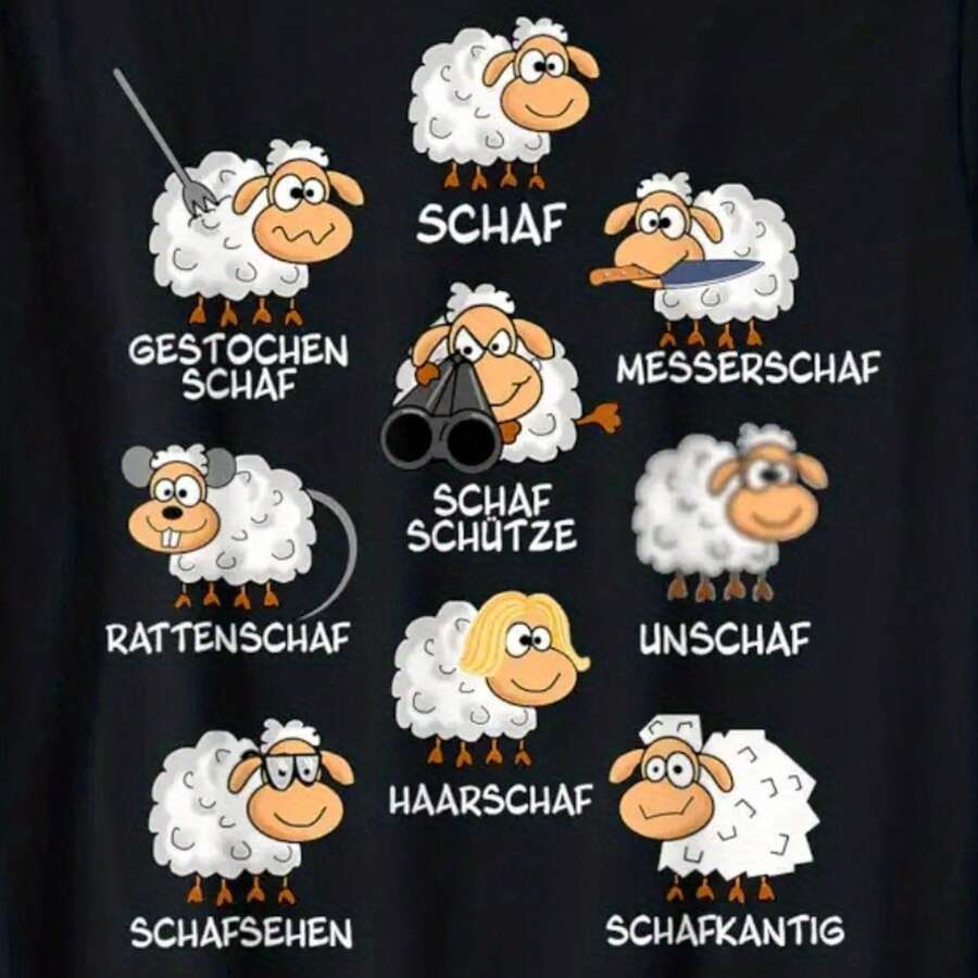 Men' German Vocabulary T-Shirt With Sheep Word Game & Bohemian Style - Short Sleeve Round Neck Tee Suitable For Language Learning, Humorous German Phr - 黑色 - 查看 1