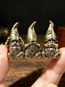 Vintage Distressed Brass Three Wise Monkeys Gnome Figurine, See No Evil Hear No Evil Speak No Evil Creative Desktop Copper Decor, Mini Fairy Tale Dwarf Statue, Study Tea Table Office Desk Collectible, Bedroom Bookshelf Coffee Shop Gift, Carved Pointed Hat Long Beard Design, Versatile Retro Miniature Desktop Landscape Decoration - 1PC - View 3
