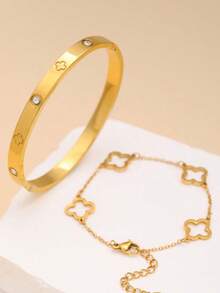 2Pcs/Set Stainless Steel Women's Lucky Clover And Heart Bracelet Set Shiny Zirconia Charm Party Jewelry Gift - Gold - View 3
