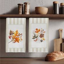 2PCS Kitchen Towels Vintage Striped Autumn Plant Pattern, Vintage Style Microfiber Material Soft Kitchen Towels Dish Cloths, Hand Towels, Tablecloths, Suitable For Kitchen Decor, Kitchen Cleaning, Bathroom Cleaning, Holiday Party Decor, Kitchen & Bathroom Supplies Home Essentials, Home Decor, Housewarming Gift - Grey - View 6