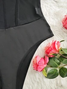 مشد كورست بأسلوب قوطي بحزام مزدوج من شبكة شفافة وهيكل محدد - الأسود - مشاهدة 5