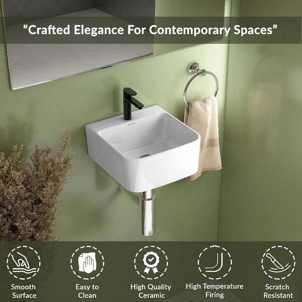 Ceramic Wall-Mount Bathroom Wash Basin – Compact Square Design, Smooth White Finish, Easy-To-Clean Surface, Space-Saving For Small Bathrooms, Homes, Offices & Hotels (14" X 14" X 6")