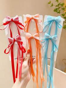 2pcs Macaron Color Satin Pearl Luster Tulle Long Ribbon Bow Hair Clips, Suitable For Children, Non-Slip Alligator Hair Clip Base, Multiple Colors Available, Children's Daily Accessories/Performance/Photography - Multicolor - View 4