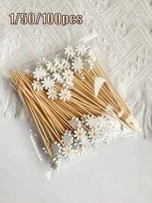 1/50/100pcs White Daisy Decorative Picks, Suitable For Fruit, Dessert, Snack And Cocktail Decoration, Applicable For Daily Home (Tableware) And Party (Dessert Table, Cocktail Party) - View 2