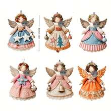6/12/24pcs Vintage Christmas Angel Handmade Hanging Ornaments With Floral And Star Patterns, Suitable For Christmas Tree, Home, Party And Holiday Gifts - Holiday Atmosphere Decoration | Christmas Tree Decoration | Wooden Christmas Hanging Ornaments, Perfect Christmas - Multiple Styles - View 4