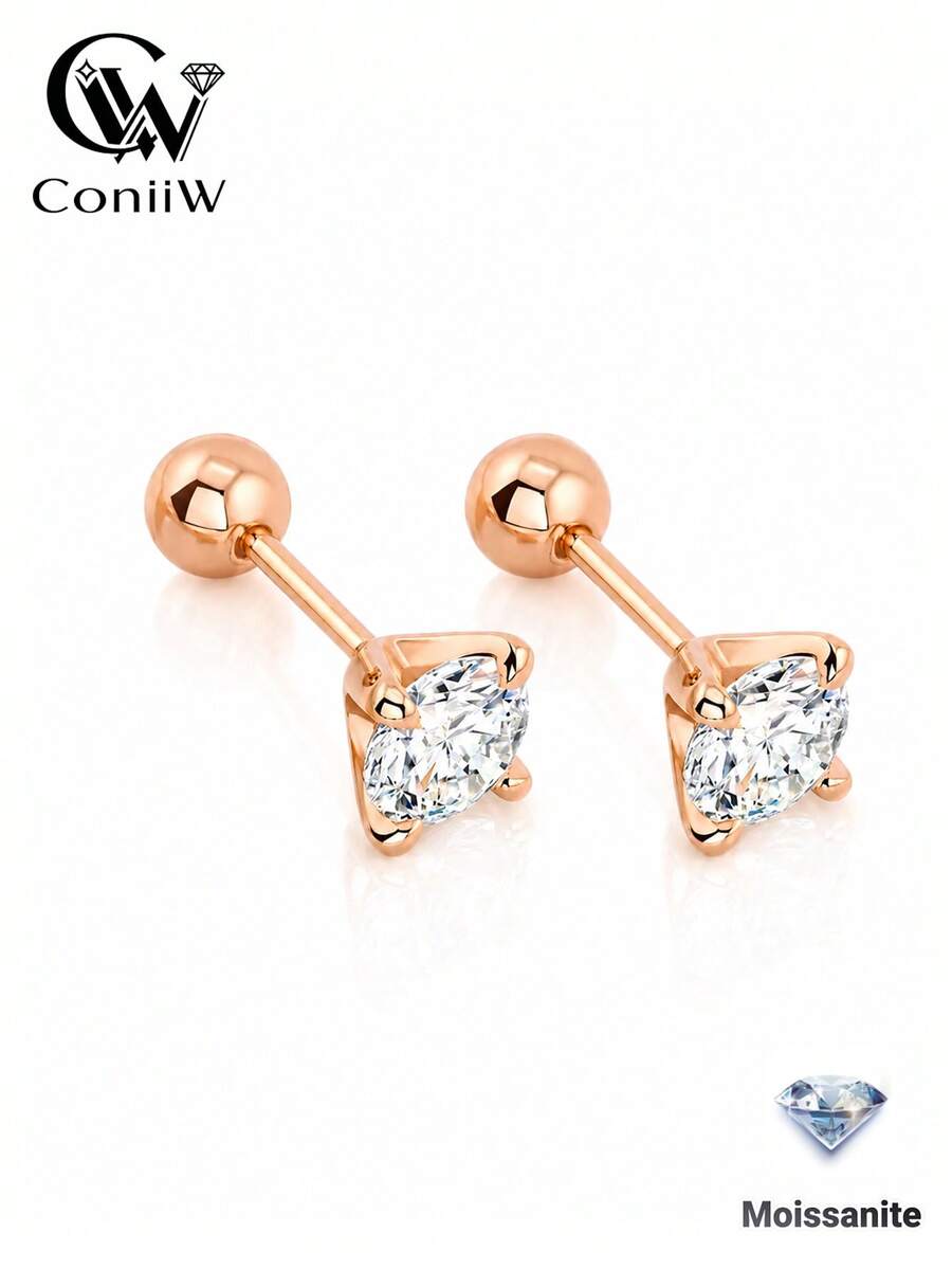 ConiiW 一對 925 純銀 0.3/0.5/1/2 克拉四爪球形耳環，中性款，適合日常配戴與校園穿搭