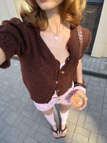 Women's Vintage Brown Short Sleeve Button Knit Cardigan Sweater, - Brown - View 4