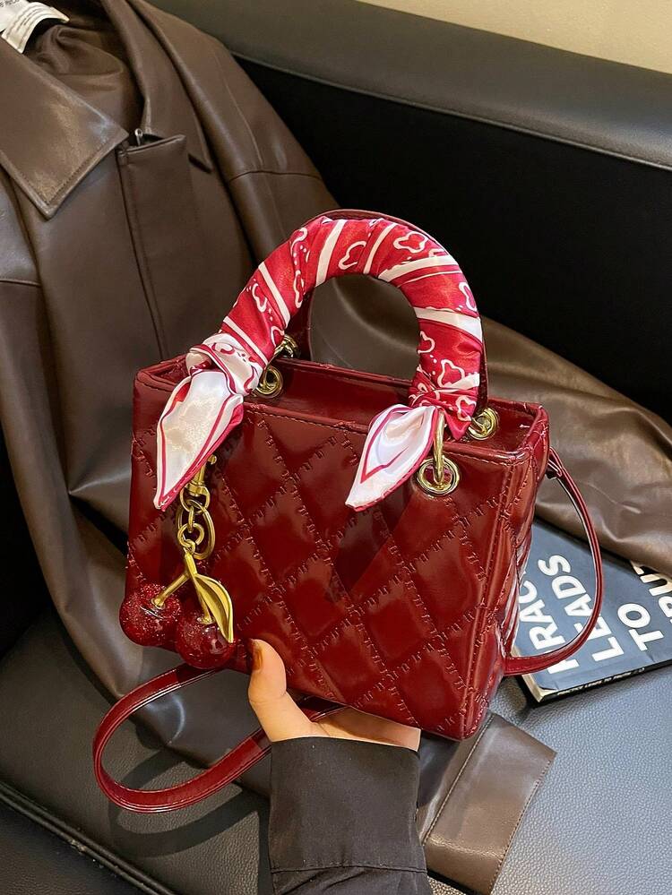 Fashionable New Women's Handbag Solid Color Minimalist PU Small Square Bag Elegant Sophisticated High-End Versatile Delicate Bag With Silk Scarf And Cherry Pendant Valentine's Day Gift Bag - Red - View 6