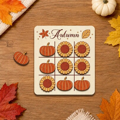 Wooden Tic Tac Toe Game, Autumn Pumpkin Floral Tabletop Game, Rustic Style Party Gift, Suitable For Family And Friends