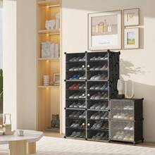 Portable Modular Storage Unit – 9-Tier Cube Closet With Doors, Stackable Plastic Wardrobe Organizer For Clothes, Shoes & Accessories, Space-Saving Under-Stairs Or Bedroom Storage Solution, Black Design - Black Nine Layers Two Columns - View 3