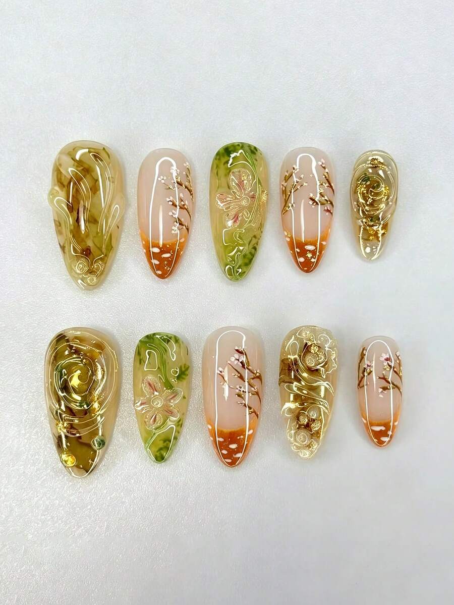 10Pcs Almond Press On Nails, 3D Embossed Vintage Autumn Floral Branch Transparent Nude Full Cover False Nails - 彩色 - 查看 1