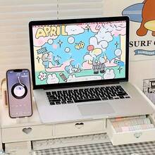 3-Drawer Cute Rabbit Monitor Stand, PVC Desktop Organizer With Storage Shelf And Keyboard Stand, Soft Color Tone, Playful Design, Suitable For Home, Study, Office Work - White - View 4