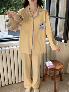 2pcs/Set Women's Pajama Loungewear Set, Penguin Print Cute Lapel Cardigan Long Sleeve Cropped Pants Comfortable Home Style - Yellow - View 8