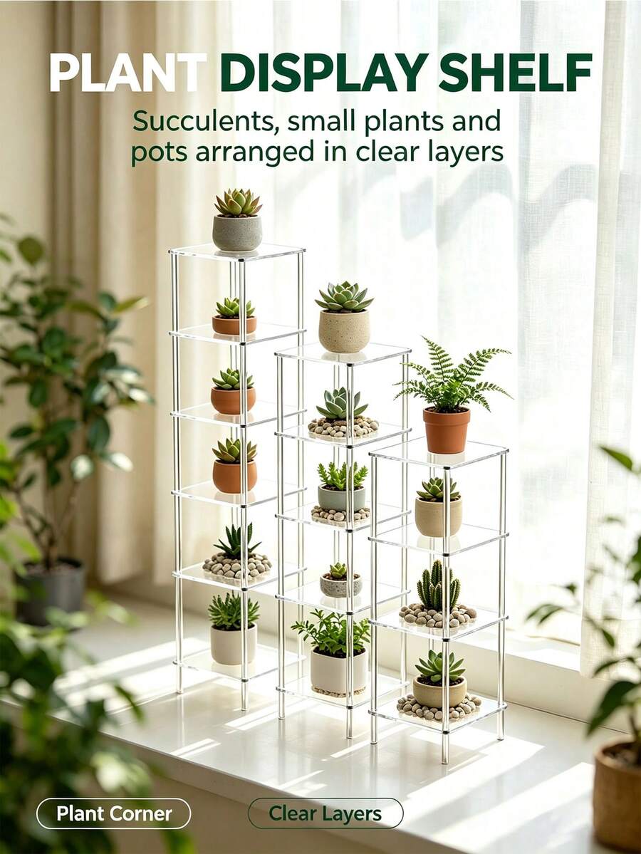 Multi-Tier Plant Shelf For Indoor GreeneryAsymmetrical Modular Acrylic Display Shelves, Freely Combined Multi-Tier Metal Frame Storage Rack For Books, Figurines, Home Decor & Bedroom Living Room Organization - Multicolor - View 1