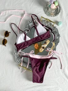 女款比基尼泳衣復古印花波點條紋休閒時尚套裝海灘度假夏季 - 紫粉紅色 - 查看 5