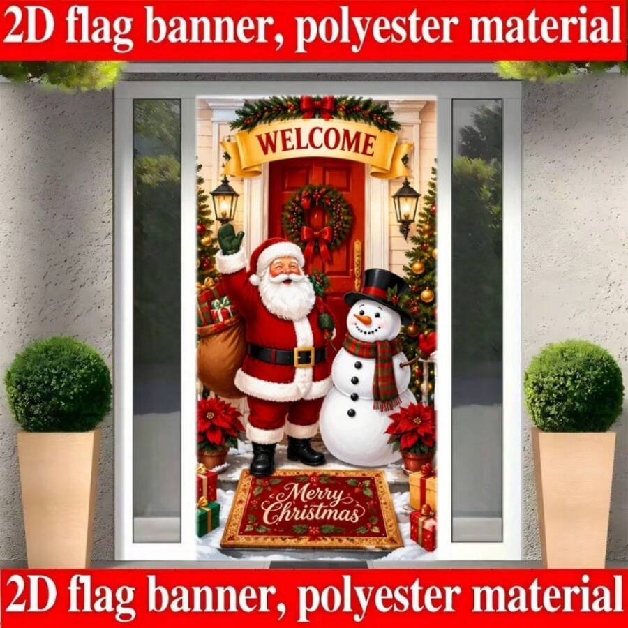2D Flat 1 Piece Of Christmas-Themed Banner Background, Featuring Santa Claus, Snowmen, Combined With Christmas Trees, Christmas Gifts, Red Flowers Decorations, With The Words "WELCOME" And "Merry Christmas" Printed On It.