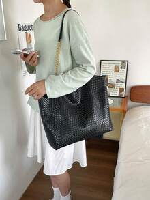 Vintage Black Woven Texture Daily Commute Versatile Large Capacity Tote Bag - Black - View 11