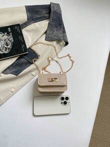 迷你正方形亮片手提包 新款女款托特包 高級質感單肩包 鏈條翻蓋小包 紅色可愛斜挎女包 配件包 - 金色 - 查看 4