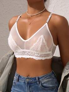 1pc Women's Solid Color Non-Wired Lightweight Bra, No Padding Sexy Lace French Mesh Spliced Comfortable Lingerie - White - View 7