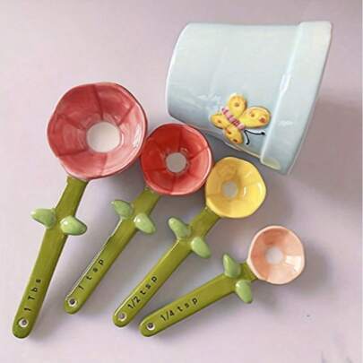 1set Cute Butterfly & Flower Pattern Ceramic Measuring Spoons With Graduation Markings, Salt Sugar Spoon With Base For Home Kitchen Baking