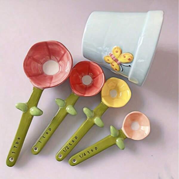 1 juego de cucharas medidoras de cerámica con lindo patrón de mariposas y flores, con marcas de graduación, cuchara para sal y azúcar con base para cocina y repostería en el hogar