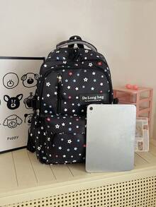 Dedoo Colorful Star Print 3Pcs Backpack Set, Label Decor Multi Zipper Pockets Adjustable Straps Student Bag For School Daily Travel Without Pendant - Black - View 8