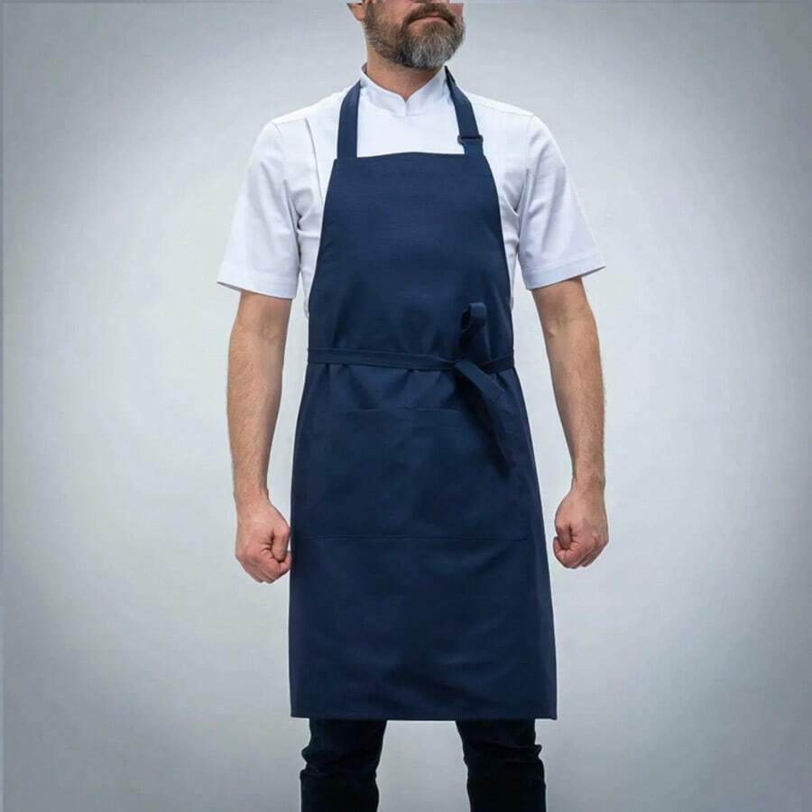 純色深藍極簡掛脖式廚師圍裙,歐式商務工作服防皺防水耐用梭織長款全身圍裙,可調節扣肩帶側綁帶雙層收納口袋防油防污廚房工作圍裙,適用於西餐廳、烘焙店、咖啡廳、私人廚房、假日宴會餐飲服務,四季通用餐飲工作制服 - 彩色 - 查看 1