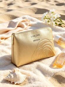 Lancôme 金色壓花山茶花PU大容量防水耐磨便攜化妝收納包，手提盥洗包，旅行出差居家補妝收納袋，閨蜜生日禮物節日紀念品 - 香檳色 - 查看 2