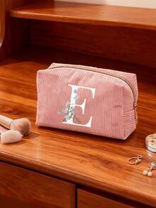 1pc Customized Initial Minimalist Large Capacity Pencil Case, Corduroy Material Multi-Functional Pencil Case, School Supplies, Pencil Bag, Office Supplies, Back To School Gift, Pencil Bag, Backpack - Multicolor - View 4