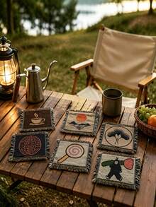 1pc Boho Woven Square Coaster With Tassel Fringe, Vintage Cartoon Pattern Heat Resistant Non-Slip Drink Cup Mat, Aesthetic Table Ornament, Reusable Coffee Tea Mug Pad, Holiday Gift For Christmas Halloween Thanksgiving, Home Kitchen Dining Room Decor - Multicolor - View 7