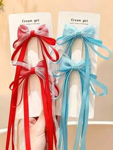 2pcs Macaron Color Satin Pearl Luster Tulle Long Ribbon Bow Hair Clips, Suitable For Children, Non-Slip Alligator Hair Clip Base, Multiple Colors Available, Children's Daily Accessories/Performance/Photography - Multicolor - View 5