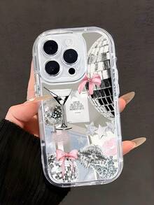 1pc American Retro Party Style Disco Ball Bow Cocktail Glass Pentagram Red Lips Pattern Mirror Full Coverage Soft Phone Case Suitable For IPhone 11/12/13/14/15/16/17 Pro Max - Multicolor - View 1