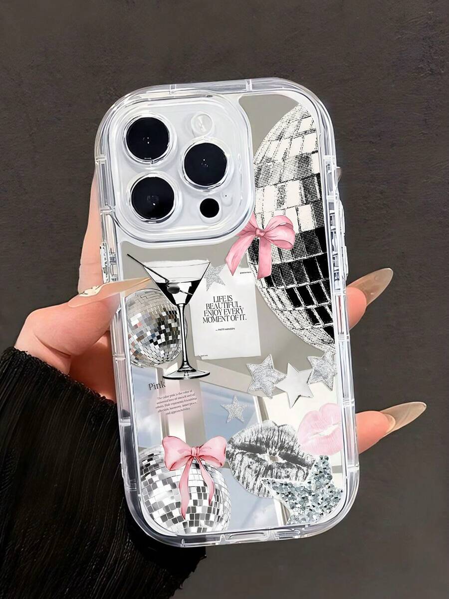 1pc American Retro Party Style Disco Ball Bow Cocktail Glass Pentagram Red Lips Pattern Mirror Full Coverage Soft Phone Case Suitable For IPhone 11/12/13/14/15/16/17 Pro Max - Multicolor - View 1