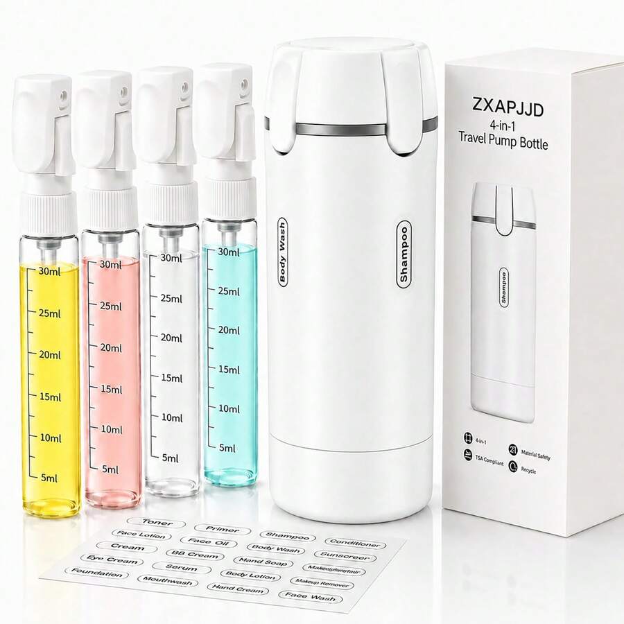 FUSHITON 4-In-1 Travel Dispenser Bottle, Refillable Containers With Clear Scale And Waterproof Labels, Leak Resistant Travel Toiletry Bottles For Cosmetics, Shampoo, Lotion, White - View 1