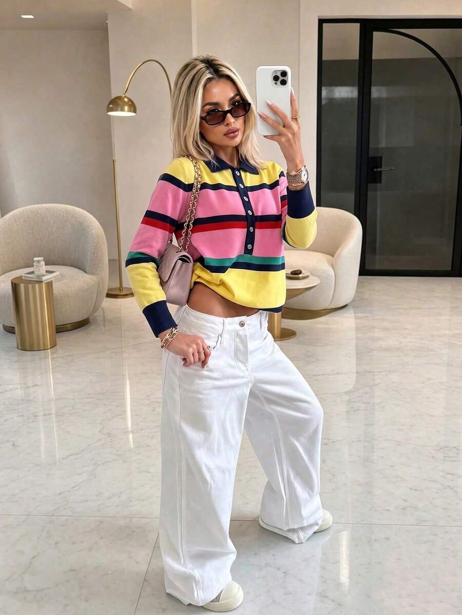 FOR BEAUTY Women's Striped Knit Polo Collar Multi-Color Long Sleeve Half-Button Cardigan Sweater, Party And Outings Fall - Multicolor - View 1
