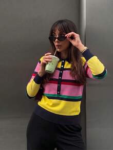 FOR BEAUTY Women's Striped Knit Polo Collar Multi-Color Long Sleeve Half-Button Cardigan Sweater, Party And Outings Fall - Multicolor - View 2