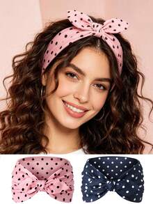 2Pcs Women's Polka Dot Rabbit Ear Wide Headband, Casual Daily Hair Accessory - Multicolor - View 6