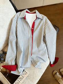 Women's Retro Colorblock Striped Polo Collar Long Sleeve Shirt, Spring New Fashion Design Loose Casual Top - White - View 4