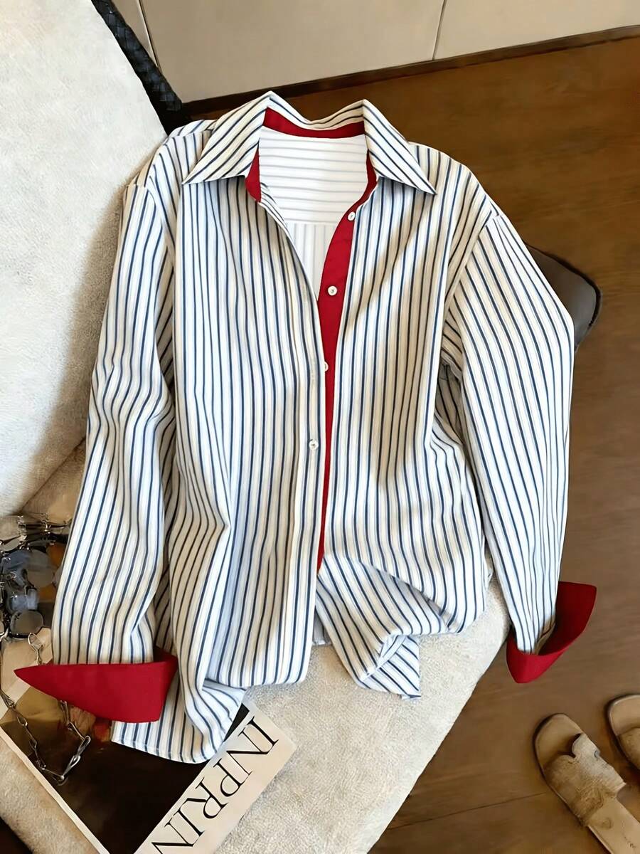 女款復古拼色條紋 Polo 領長袖襯衫,春季新款時尚設計寬鬆休閒上衣 - 白色 - 查看 1