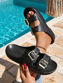 Sandalias de mujer de unicolor versátiles con hebilla de metal, EVA, parte superior ajustable amigable para pies anchos, suela gruesa con punta abierta, pantuflas casuales, adecuadas para uso diario en la oficina - Negro - Ver 5