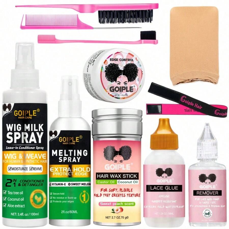 Goiple Wig Care & Styling Kit, Includes Anti-Frizz Moisturizing Wig Care Solution, 60ml Melting Spray, Wig Frontal Glue, Glue Remover, Hair Wax Stick, Hairline Styler, Comb, Elastic Band, Waterproof Wig Glue, Suitable For All Wigs, Daily Wear, Cosplay - 100ml - 查看 1