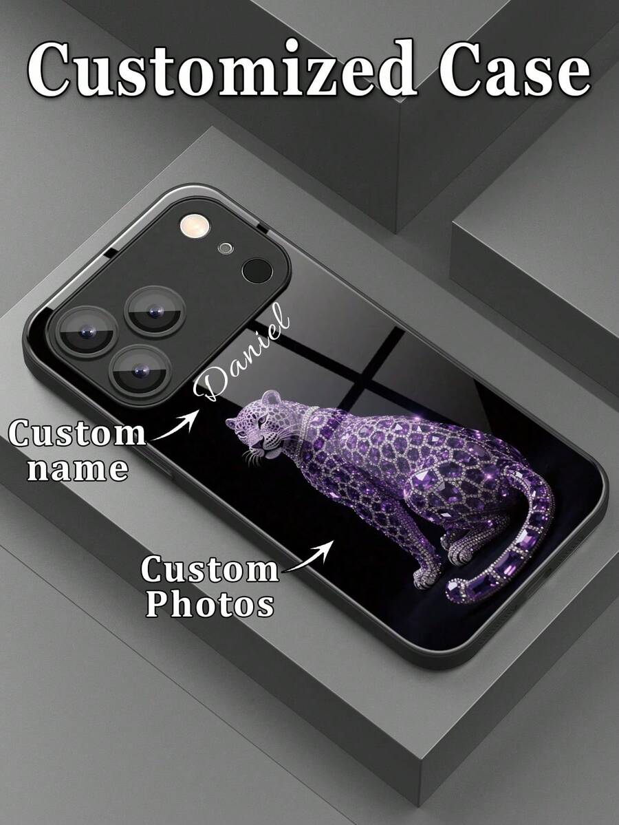 1pc Customized Black Rhinestone Leopard Pattern Personalized Fashionable Liquid Tempered Glass Material Shockproof Anti-Scratch Anti-Fingerprint TPU Soft Phone Case Compatible With Iphone 17 Air/16 Pro Max/15 Pro/14 Plus/13 Pro/12 Pro Max/11/Xs Max/8/7/6 Plus And S24 Ultra/S25 Ultra, Phones Accessories,Cute Phone Cases - Black - View 1