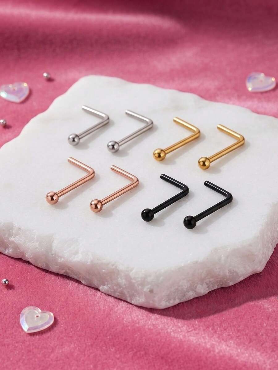 2pcs Stainless Steel Nose Rings For Women,L Shaped Nose Studs Cork Screw,Nose Piercing Jewelry For Women Men,Top 2mm Ball Nostril Piercing Jewelry - L-shaped - View 1