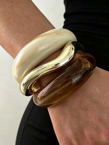 3/1pc Vintage Minimalist Women's Wave-Shaped Acrylic CCB Material Open Ring Bangle Set, Suitable For Daily Wear, Stackable, Perfect Gift For Holidays - Multicolor - View 1