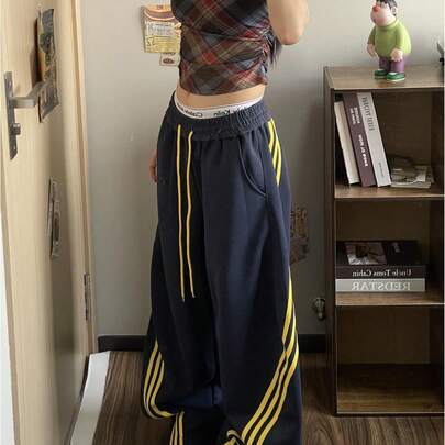 トラックパンツ レディース スウェットパンツ サイドライン ワイドパンツ ハイウエスト ウエストゴム ドロスト ゆったり 体型カバー 着痩せ 脚長効果 美脚 カジュアル ストリート スポーティ レトロ ロングパンツ
