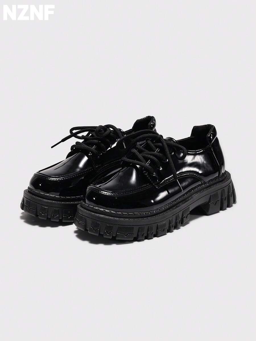 NZNF Women's Solid Color Academy Style PU Shoes With Buckle Strap, Thick Sole And Chunky Heel, Daily Commute Shoes - Black - View 1
