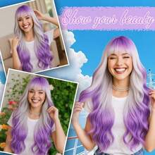 Women's Lavender Long Curly Wig With Bangs - Gradient Purple, High-Quality Synthetic Fiber, Comfortable Rose Net Cap, Multiple Styling Options, Wig Accessories - Purple Ombre - View 4