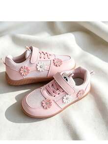 Girls' Breathable Non-Slip Sports Shoes, Hook & Loop Soft Sole Casual Shoes, Princess Style Versatile Mesh Sneakers - Pink - View 2