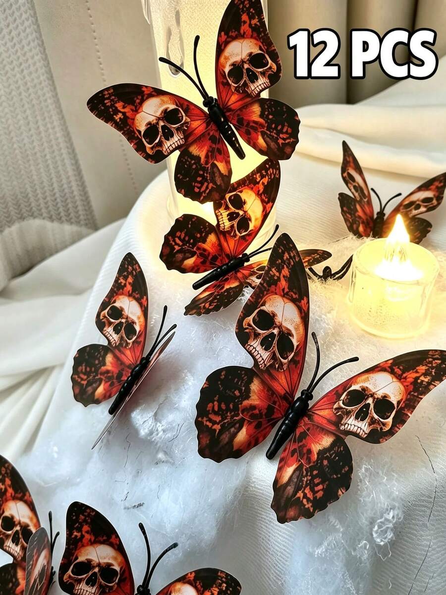 12pcs 3D Skull Butterfly Wall Decor, PVC Removable Halloween Butterfly ...